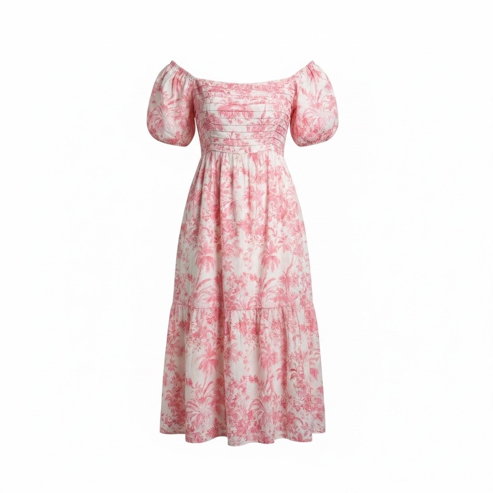 LC Lauren Conrad Pink Toile Smocked Midi Dress Short Puff Sleeve Tiered Large